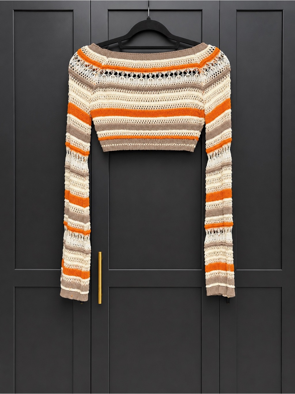 SHEIN Cropped Crochet Stripe Sweater in Cream, Orange & Brown